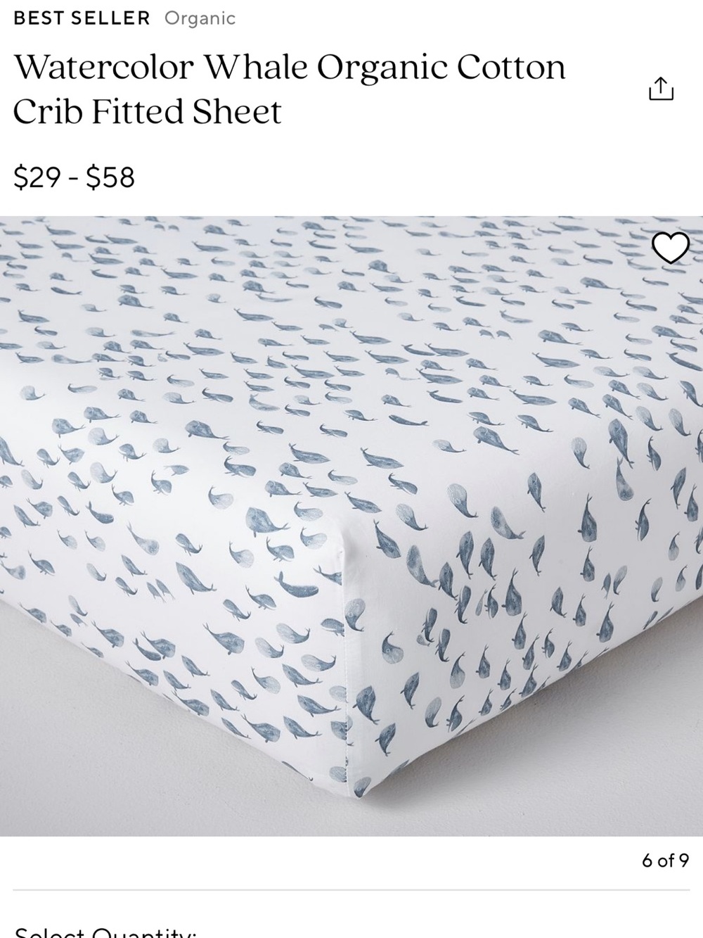 Pottery Barn Kids Watercolor Whale Organic Cotton Crib Sheet - Blue & White